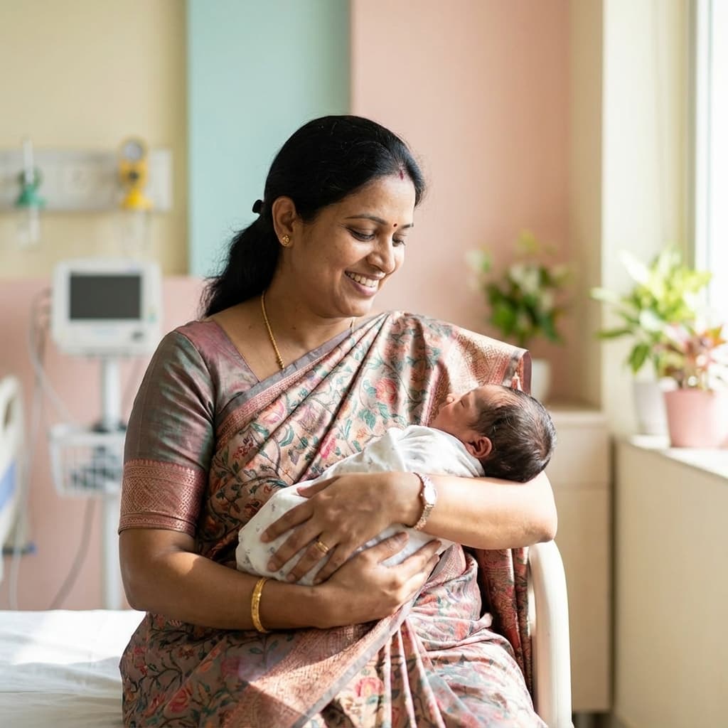 Smiling Indian mother and baby
